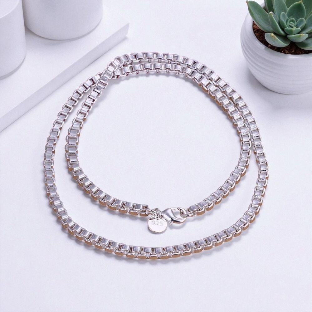 4MM box chain 925 Stamp Silver color Necklace 18” Unisex